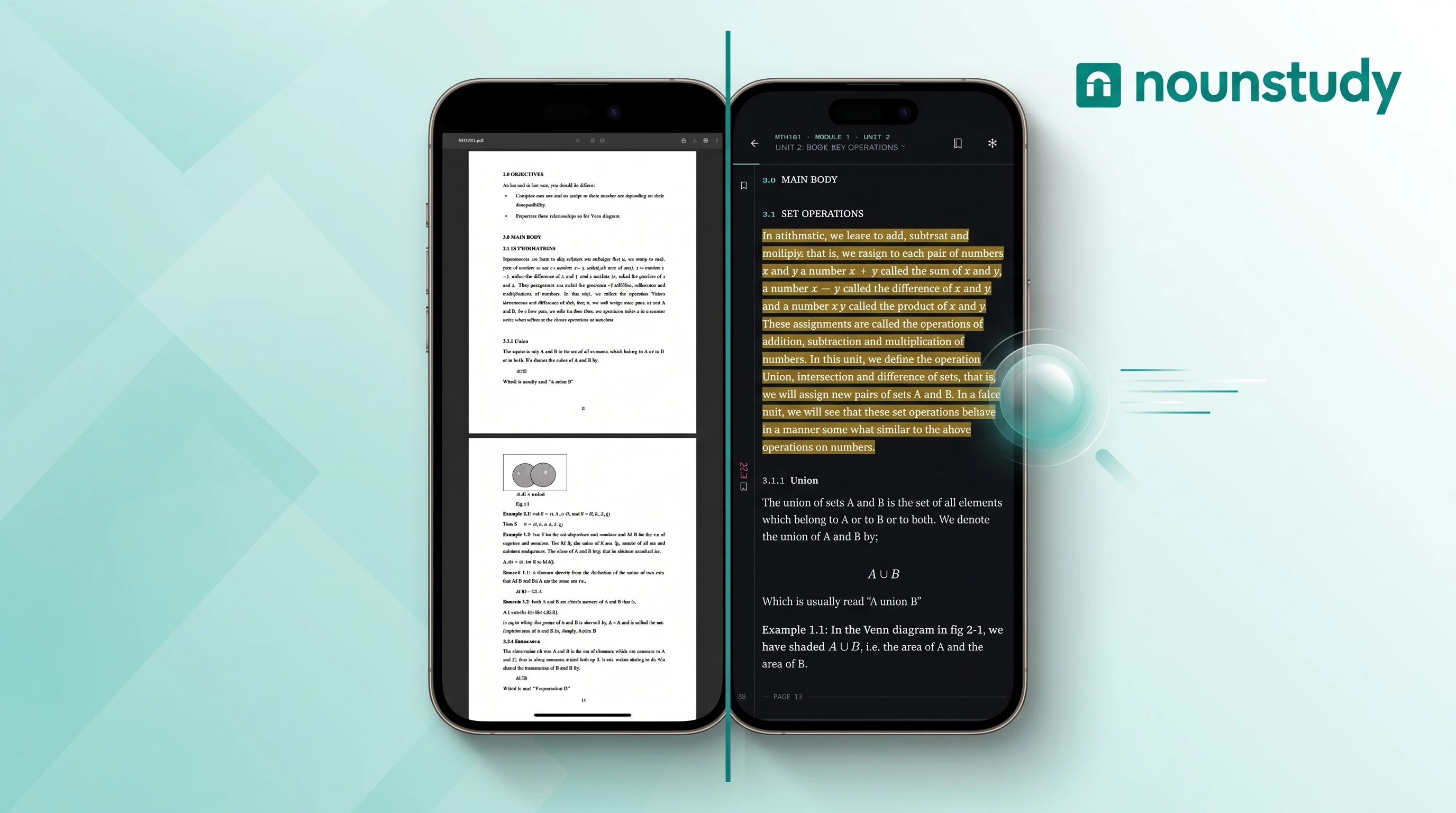 A NOUN course material PDF on a phone beside the same unit open in the nounstudy reader