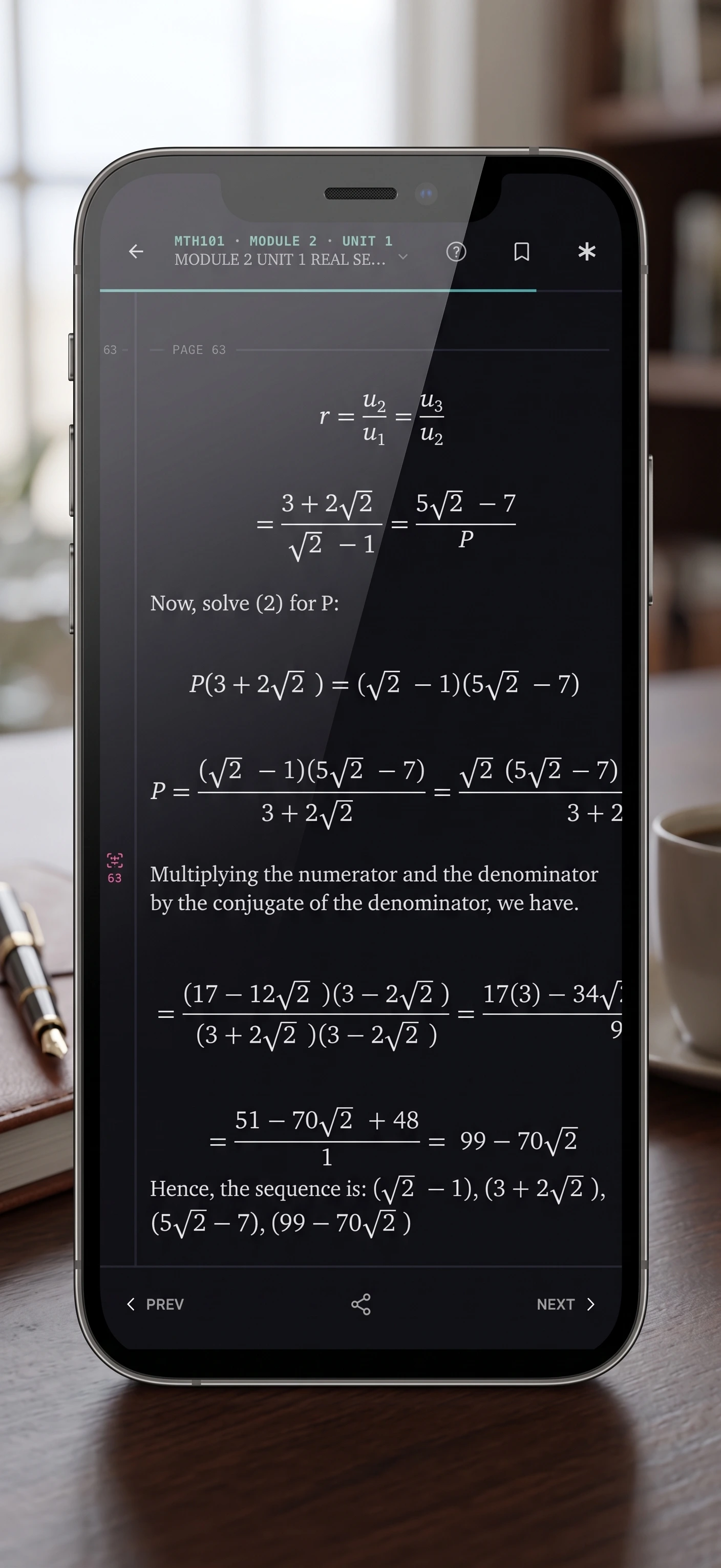 A page of a science course in the reader showing a rendered formula and a table