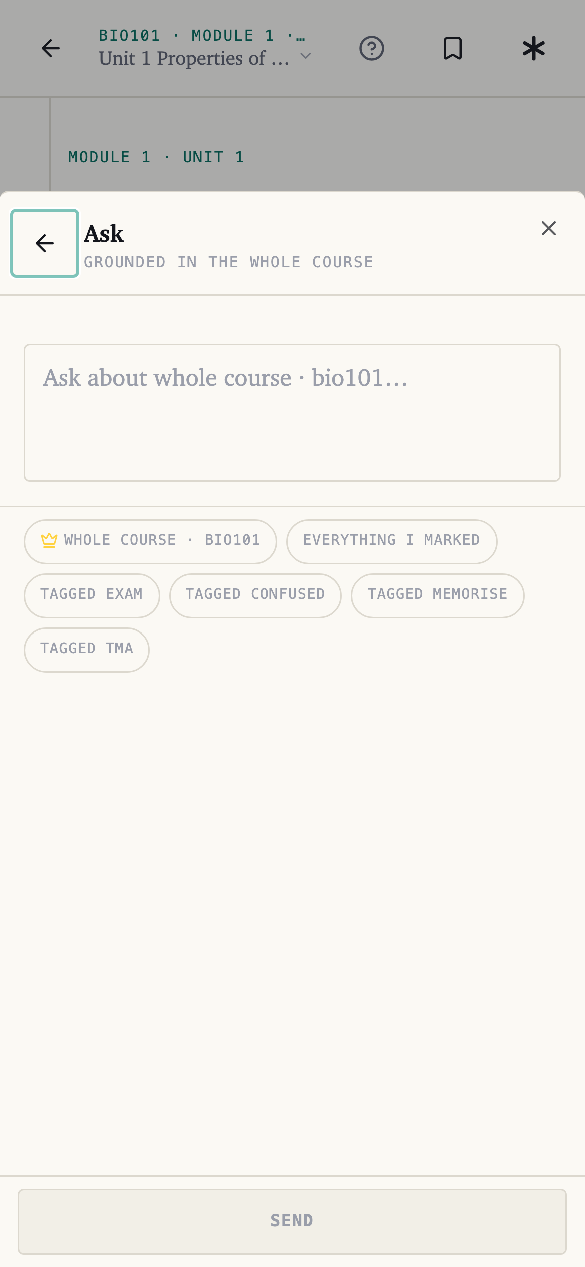 The Ask panel, with the row of choices under the question box