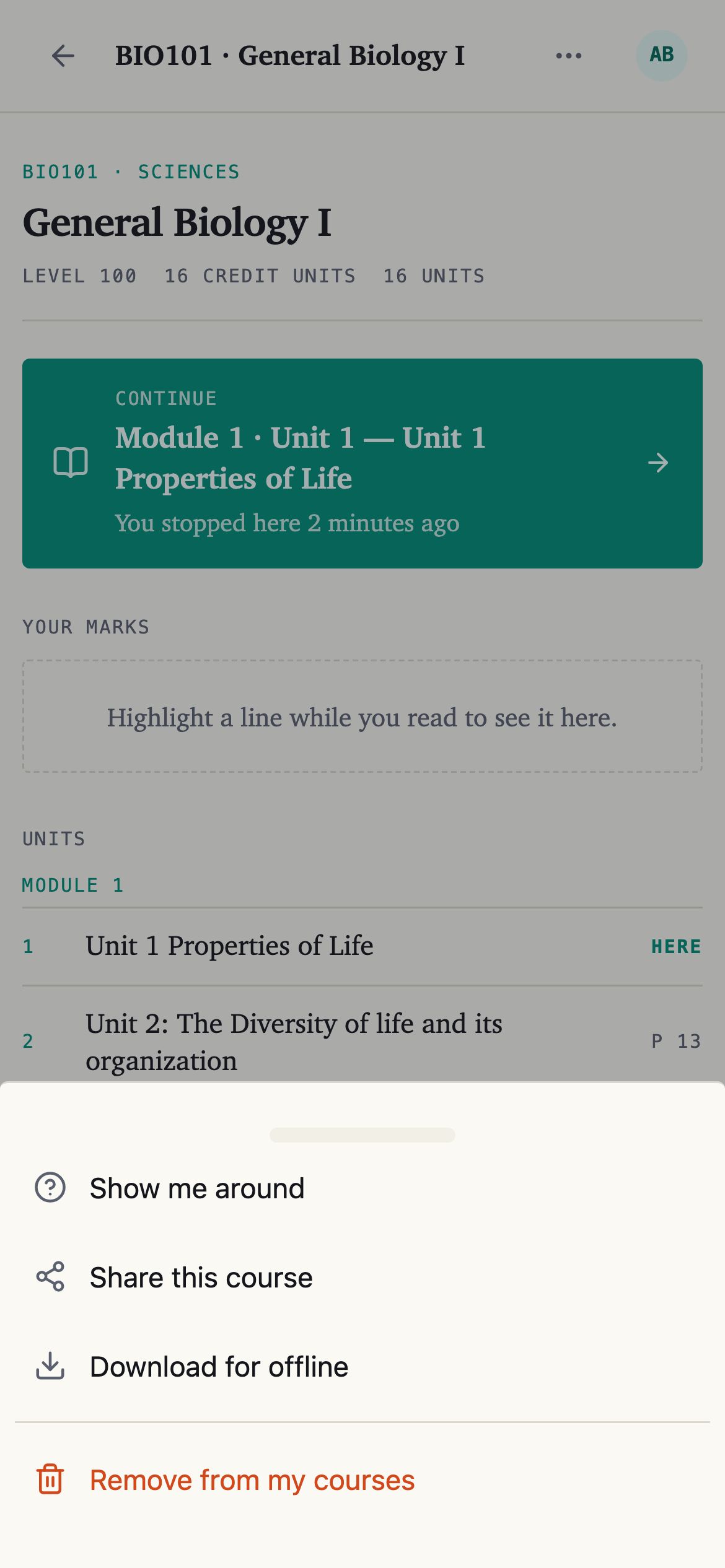 The course menu, showing Download for offline