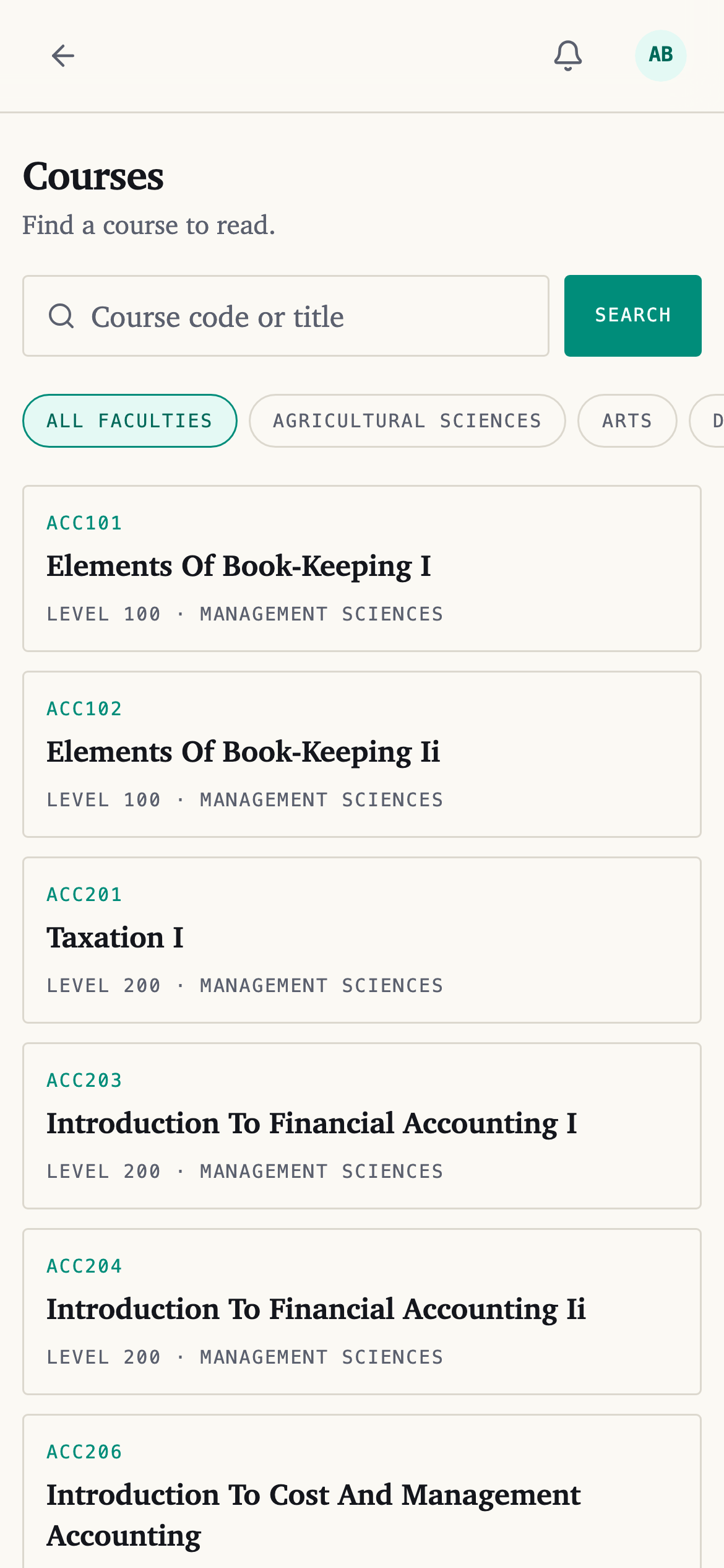 The Courses screen, with a search box and a list of courses