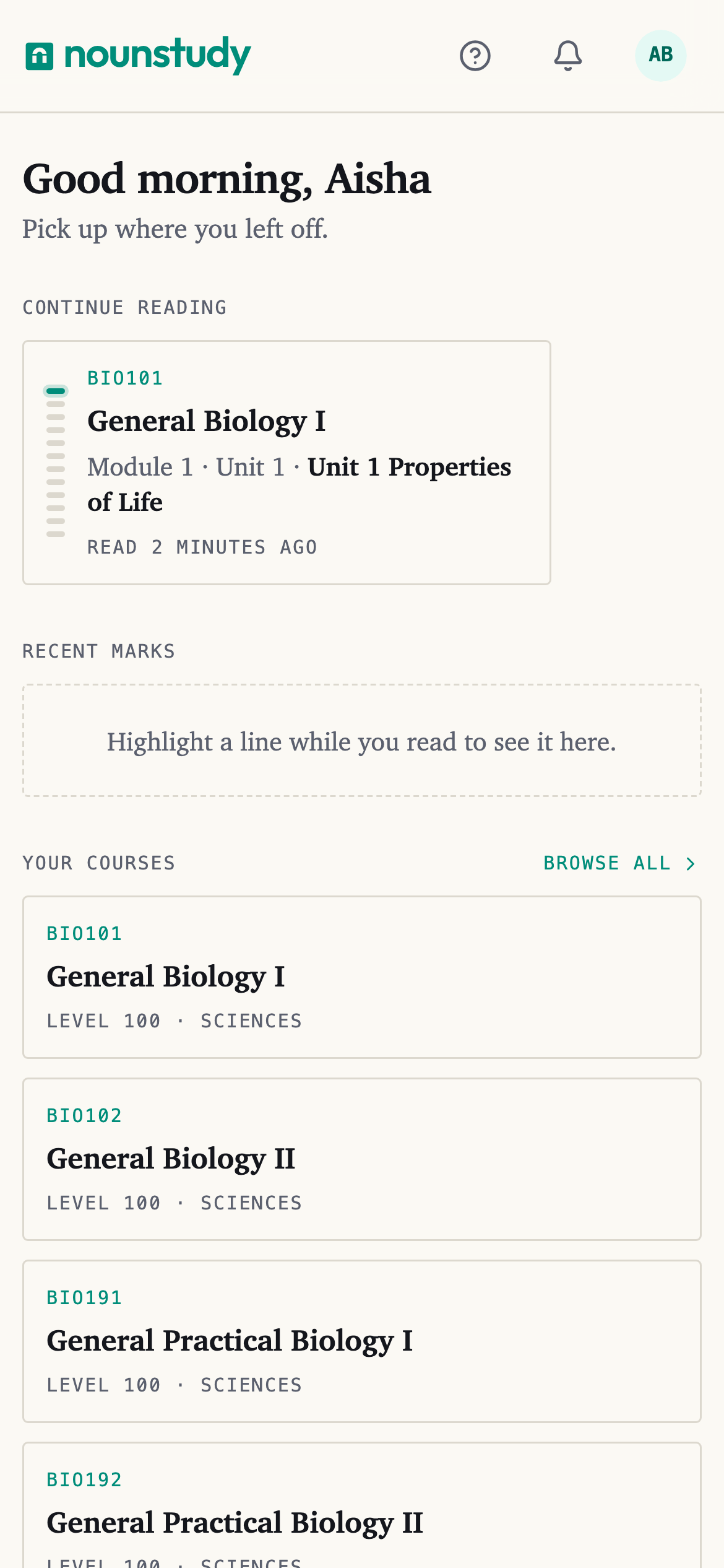 The nounstudy home page on a phone